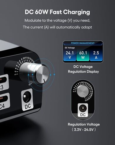 محطة شحن (252 وات)، 7 منافذ (4 USB-C، 2 USB-A، 1 DC)، محول طاقة مع مصدر طاقة تيار مستمر قابل للتعديل 3.3 فولت ~ 24.5 فولت (0 ~ 60 واط) وشاشة LED، لأجهزة الكمبيوتر المحمولة iPhone وشاشات الإلكترونيات in Kuwait