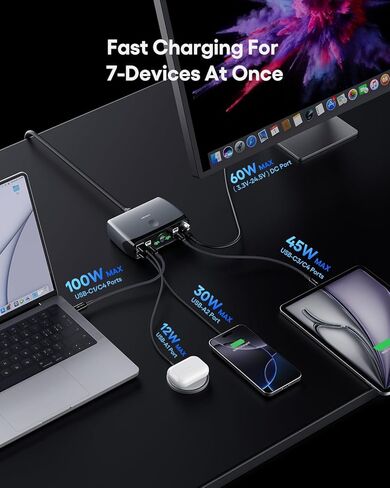 محطة شحن (252 وات)، 7 منافذ (4 USB-C، 2 USB-A، 1 DC)، محول طاقة مع مصدر طاقة تيار مستمر قابل للتعديل 3.3 فولت ~ 24.5 فولت (0 ~ 60 واط) وشاشة LED، لأجهزة الكمبيوتر المحمولة iPhone وشاشات الإلكترونيات in Kuwait