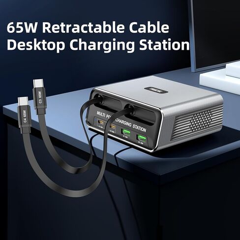 6-Port GaN Desktop Charging Station with Dual Retractable PD Cables, FARSENSE Fast USB C Charger for Home, Office, Travel，Compatible with iPhone 17/16, MacBook, iPad, Samsung in Saudi Arabia