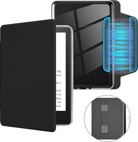 حافظة MOROCK مغناطيسية قابلة للفصل لجهاز Kindle Paperwhite وPaperwhite Signature Edition مقاس 6.8 بوصات (الجيل الحادي عشر، 2021)، غطاء خلفي شفاف من جلد البولي يوريثان وجهاز كمبيوتر شخصي نحيف مع حزام يد، تنبيه/غفو تلقائي، أسود in Kuwait
