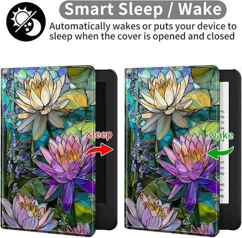 حافظة لجهاز Kindle Paperwhite مقاس 7 بوصات (الجيل الثاني عشر، إصدار 2024) وغطاء Kindle Colorsoft نحيف مناسب مع خاصية النوم/الاستيقاظ التلقائي، غطاء زجاجي ملون بزنبق الماء للفتيات والنساء والأولاد والرجال in Kuwait