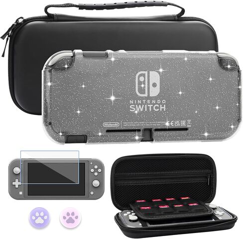 FUNDIARY Black Travel Carrying Case for Nintendo Switch Lite, Shockproof Accessories Bundle with Slim Portable Storage Bag, Soft Silicone Clear Glitter Protective Case, Screen Protector & 2 Thumb Caps in Saudi Arabia