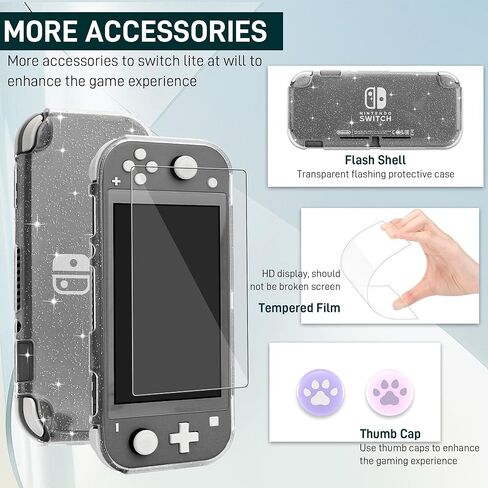 FUNDIARY Black Travel Carrying Case for Nintendo Switch Lite, Shockproof Accessories Bundle with Slim Portable Storage Bag, Soft Silicone Clear Glitter Protective Case, Screen Protector & 2 Thumb Caps in Saudi Arabia