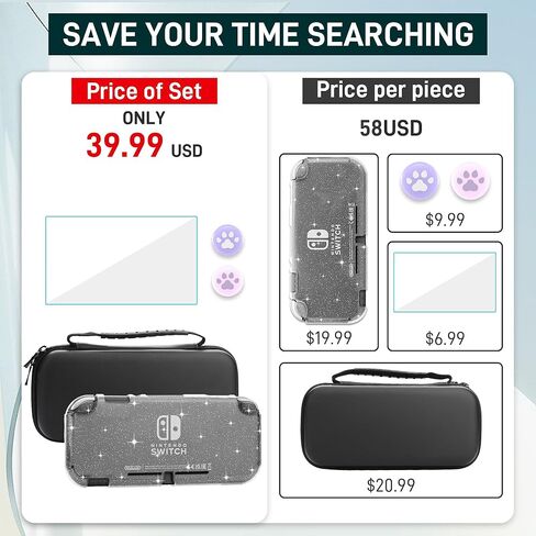 FUNDIARY Black Travel Carrying Case for Nintendo Switch Lite, Shockproof Accessories Bundle with Slim Portable Storage Bag, Soft Silicone Clear Glitter Protective Case, Screen Protector & 2 Thumb Caps in Saudi Arabia