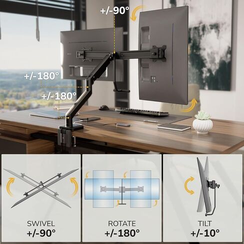 Mount-It! Dual Monitor Mount with Crossbar, Gas Spring Desk Mount for 2 Monitors 17–32", Holds 19.8 lbs Each, Full Motion Tilt Swivel Rotate, VESA 75x75 100x100, USB 3.0 & USB-C, Clamp or Grommet in Saudi Arabia