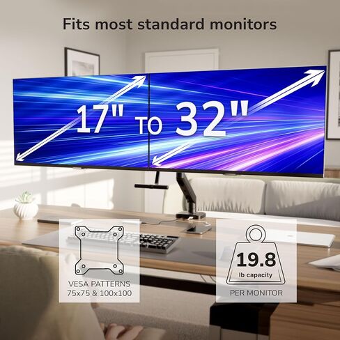 Mount-It! Dual Monitor Mount with Crossbar, Gas Spring Desk Mount for 2 Monitors 17–32", Holds 19.8 lbs Each, Full Motion Tilt Swivel Rotate, VESA 75x75 100x100, USB 3.0 & USB-C, Clamp or Grommet in Saudi Arabia