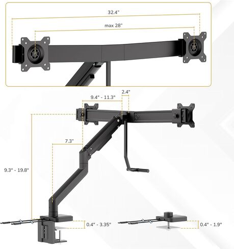 Mount-It! Dual Monitor Mount with Crossbar, Gas Spring Desk Mount for 2 Monitors 17–32", Holds 19.8 lbs Each, Full Motion Tilt Swivel Rotate, VESA 75x75 100x100, USB 3.0 & USB-C, Clamp or Grommet in Saudi Arabia