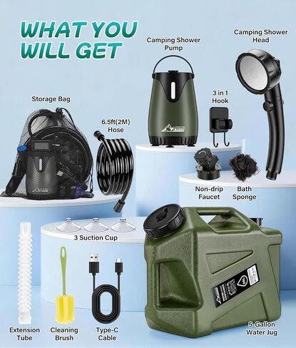 Portable Shower for Camping with 5-Gallon Water Jug, 6000mAh Rechargeable Outdoor Camping Shower Kit, IPX8 Waterproof Pump, Easy to Store for Hiking, Beach, 5-Mode Shower Head in Saudi Arabia
