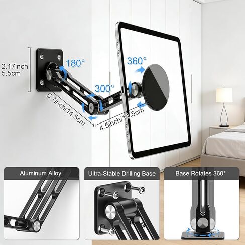 حامل مغناطيسي للكمبيوتر اللوحي على الحائط، حامل فولاذي يدور 360 درجة مع MagSafe وحلقة معدنية، ذراع قابل للطي لجهاز iPad/الهاتف/الكمبيوتر اللوحي مقاس 4.7-13 بوصة، صالة الألعاب الرياضية المنزلية والمطبخ والمكتب in Saudi Arabia