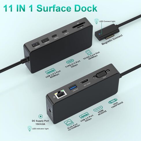 قاعدة تركيب Surface Pro 11 في 1 بدقة 4K@60 هرتز HDMI+VGA، قاعدة تركيب سطحية مع مصدر طاقة، قاعدة تركيب Surface Pro 11/10/9/8/X/7/6/5/4/3، كمبيوتر محمول Surface 6/5/4/3/2/1، كمبيوتر محمول Go 3/2/1، كتاب in Kuwait