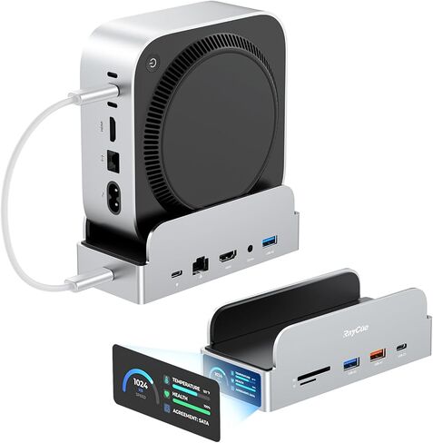 حامل RayCue SmartDock Pro لجهاز Mac mini M4 Dock مع حاوية M.2 NVMe SSD و4K 60 هرتز HDMI و10 جيجابت في الثانية USB-C/A وGigabit Ethernet وقارئات بطاقات SD/TF - محور عمودي موفر للمساحة متوافق مع Mac mini in Kuwait