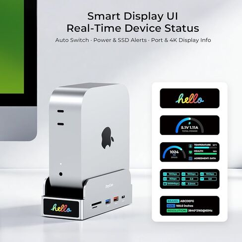 حامل RayCue SmartDock Pro لجهاز Mac mini M4 Dock مع حاوية M.2 NVMe SSD و4K 60 هرتز HDMI و10 جيجابت في الثانية USB-C/A وGigabit Ethernet وقارئات بطاقات SD/TF - محور عمودي موفر للمساحة متوافق مع Mac mini in Kuwait