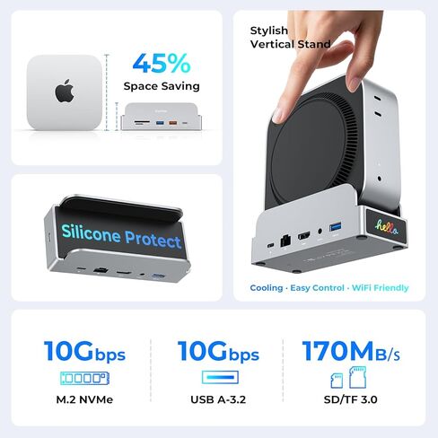 حامل RayCue SmartDock Pro لجهاز Mac mini M4 Dock مع حاوية M.2 NVMe SSD و4K 60 هرتز HDMI و10 جيجابت في الثانية USB-C/A وGigabit Ethernet وقارئات بطاقات SD/TF - محور عمودي موفر للمساحة متوافق مع Mac mini in Kuwait