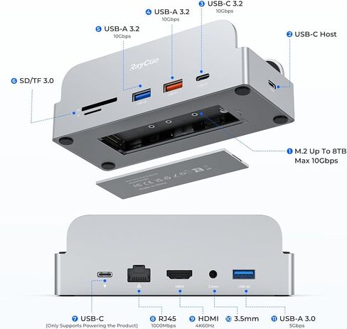 حامل RayCue SmartDock Pro لجهاز Mac mini M4 Dock مع حاوية M.2 NVMe SSD و4K 60 هرتز HDMI و10 جيجابت في الثانية USB-C/A وGigabit Ethernet وقارئات بطاقات SD/TF - محور عمودي موفر للمساحة متوافق مع Mac mini in Kuwait