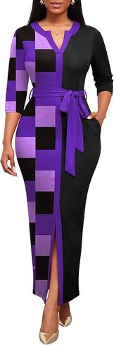 فستان Nmoder النسائي المطبوع Bodycon ماكسي فساتين عمل كاجوال برقبة على شكل V 3/4 كم فستان طويل لحفلات الكوكتيل والكنيسة in Saudi Arabia