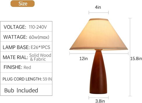 15.8'' Modern Farmhouse Table Lamp for Living Room Bedroom Office,Red Solid Wood Vintage Desk Lamp Rustic Nightstand Bedside Table Lamp with Linen Shades Beige E26 Bulb in Saudi Arabia
