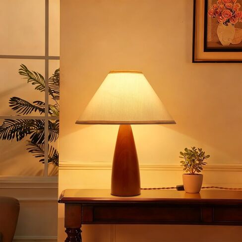 15.8'' Modern Farmhouse Table Lamp for Living Room Bedroom Office,Red Solid Wood Vintage Desk Lamp Rustic Nightstand Bedside Table Lamp with Linen Shades Beige E26 Bulb in Saudi Arabia