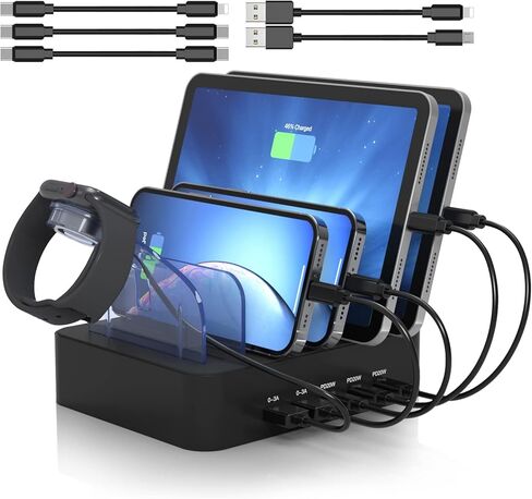 محطة شحن MSTJRY USB C لأجهزة متعددة: شاحن متعدد سريع بقدرة 90 وات و5 منافذ لهواتف iPhone iPad والأجهزة اللوحية - منظم قاعدة شحن مع فواصل قابلة للتعديل للفصول الدراسية المنزلية والمكتبية in Kuwait