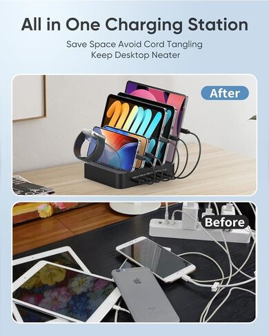 محطة شحن MSTJRY USB C لأجهزة متعددة: شاحن متعدد سريع بقدرة 90 وات و5 منافذ لهواتف iPhone iPad والأجهزة اللوحية - منظم قاعدة شحن مع فواصل قابلة للتعديل للفصول الدراسية المنزلية والمكتبية in Kuwait