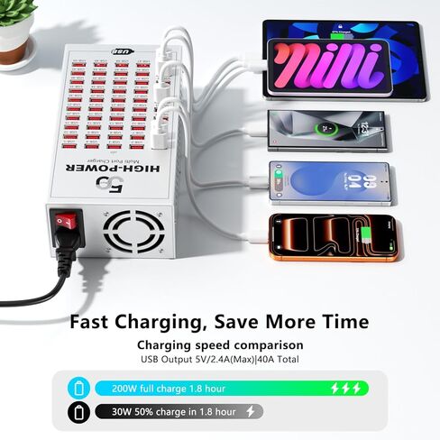 محطة شحن USB بقدرة 200 وات، كتلة شاحن سريع عالية الطاقة بـ 50 منفذًا، محطة شحن متعددة لسطح المكتب مع حماية ذكية من IC، شاحن USB متعدد المنافذ لأجهزة متعددة، رائع للفصول الدراسية والمكتب والمتجر in Kuwait