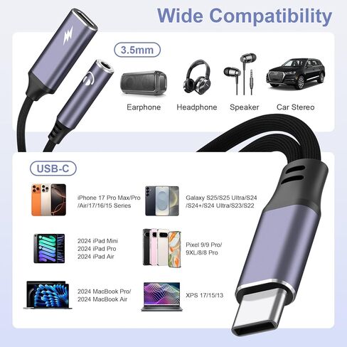 محول سماعة رأس وشاحن USB C إلى 3.5 مم، محول 2 في 1 USB C إلى الصوت مع كابل منفذ شحن سريع PD 60 وات لهواتف iPhone 17 16 15 وSamsung Galaxy S25 S22 والمزيد in Saudi Arabia
