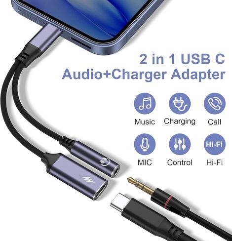 محول سماعة رأس وشاحن USB C إلى 3.5 مم، محول 2 في 1 USB C إلى الصوت مع كابل منفذ شحن سريع PD 60 وات لهواتف iPhone 17 16 15 وSamsung Galaxy S25 S22 والمزيد in Saudi Arabia
