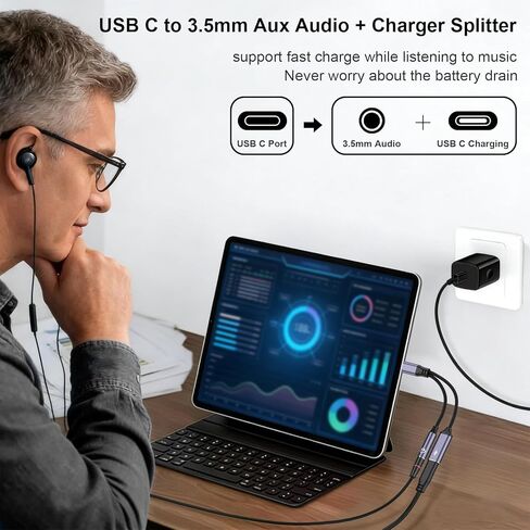 محول سماعة رأس وشاحن USB C إلى 3.5 مم، محول 2 في 1 USB C إلى الصوت مع كابل منفذ شحن سريع PD 60 وات لهواتف iPhone 17 16 15 وSamsung Galaxy S25 S22 والمزيد in Saudi Arabia
