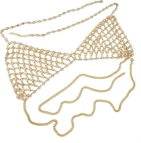 idealway Sexy Crystal Rhinestones Body Jewelry Fashion Bikini Chain Necklace Hollow Out Underwear Bra Design Summer Beach (Gold) in Saudi Arabia