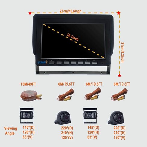 نظام كاميرا شاحنة 10.1 بوصة IPS تعمل باللمس AHD 1080P مع BSD، شاشة عرض رباعية، رؤية ليلية، كاميرات مقاومة للماء IP69K، تسجيل DVR، كاميرات جانبية واسعة الزاوية للمركبات الترفيهية والحافلات وشبه الشاحنات in Kuwait