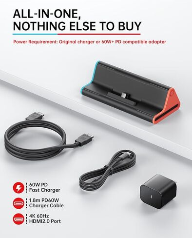قاعدة سويتش 2 مع شاحن 60 وات وكابل HDMI، محطة إرساء محمولة 4K لوحدة تحكم نينتندو سويتش 2، قاعدة حامل موصل تلفزيون السفر، كابل شحن USB-C، سلك طاقة محول تيار متردد، مجموعة ملحقات الألعاب in Kuwait