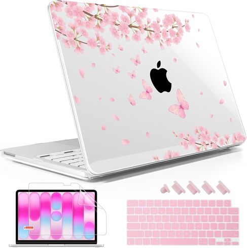 May Chen متوافق مع حافظة MacBook Neo 13 بوصة 2026 موديل A3404، هيكل صلب من البلاستيك، غطاء لوحة المفاتيح، واقي شاشة، قابس غبار، لجهاز MacBook Neo 13 بوصة مع شريحة A18 Pro، أزهار الكرز in Kuwait