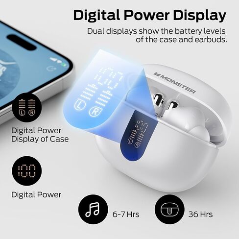 Monster N-Lite 211 Wireless Earbuds, Bluetooth 6.0 Stereo Headphones with Powerful Bass, Built-in Noise-Cancelling Mic for Clear Calls, LED Display, 36H Playtime, IPX5 Waterproof Design for Sports in Saudi Arabia