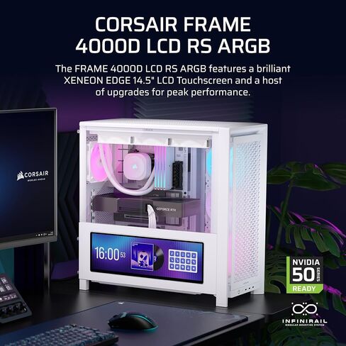 إطار CORSAIR 4000D LCD RS ARGB Modular Mid-Tower ATX PC Case - XENEON Edge LCD تعمل باللمس، نظام تركيب مروحة InfiniRail، 4X RS120 ARGB PWM Fans، دعم اللوحة الأم العكسية - أبيض in Kuwait