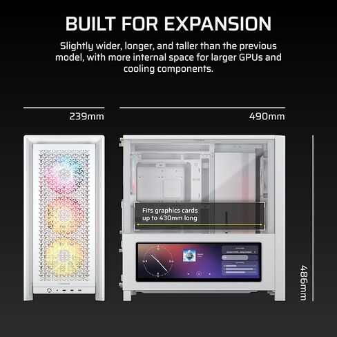 إطار CORSAIR 4000D LCD RS ARGB Modular Mid-Tower ATX PC Case - XENEON Edge LCD تعمل باللمس، نظام تركيب مروحة InfiniRail، 4X RS120 ARGB PWM Fans، دعم اللوحة الأم العكسية - أبيض in Kuwait