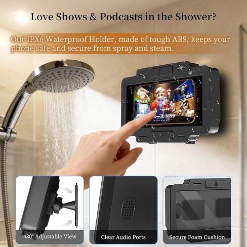 Waterproof Phone Holder for Shower, [Shower Phone Mount] with IPX6 Rating & Anti-Fog Screen, 360° Rotatable [Waterproof Shower Phone Holder] with Strong Suction for iPhone Android 4-7 Inch (Black) in Saudi Arabia