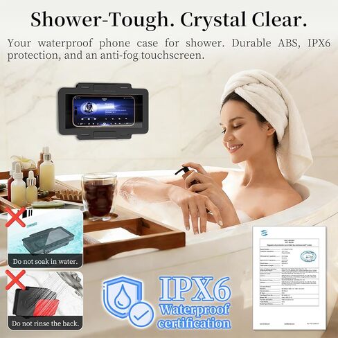 Waterproof Phone Holder for Shower, [Shower Phone Mount] with IPX6 Rating & Anti-Fog Screen, 360° Rotatable [Waterproof Shower Phone Holder] with Strong Suction for iPhone Android 4-7 Inch (Black) in Saudi Arabia