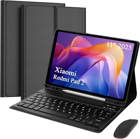 حافظة لوحة مفاتيح قابلة للفصل مع ماوس لاسلكي لجهاز Xiaomi Redmi Pad 2 11 بوصة 2025، حافظة لوحة مفاتيح مغناطيسية قابلة للإزالة لجهاز Redmi Pad 2 11 بوصة 2025 مع حامل قلم، 3 زوايا للتعديل، أسود in Kuwait