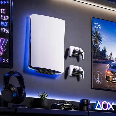 حامل PS5 على الحائط مع حاملي وحدات التحكم، حامل وحدة تحكم معدني قوي لجهاز PlayStation 5، PS5 Slim، قرص PS5 Pro والإصدارات الرقمية، أسود in Kuwait