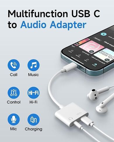 محول سماعة رأس USB من النوع C إلى 3.5 ملم مع شحن سريع PD، كابل دونجل مكون من قطعتين لهاتف iPhone 15 وiPad وGalaxy in Kuwait