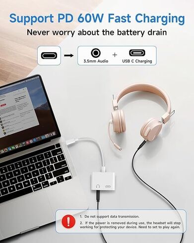 محول سماعة رأس USB من النوع C إلى 3.5 ملم مع شحن سريع PD، كابل دونجل مكون من قطعتين لهاتف iPhone 15 وiPad وGalaxy in Kuwait