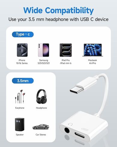 محول سماعة رأس USB من النوع C إلى 3.5 ملم مع شحن سريع PD، كابل دونجل مكون من قطعتين لهاتف iPhone 15 وiPad وGalaxy in Kuwait