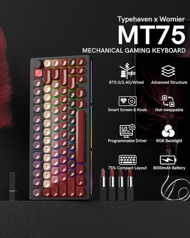 لوحة مفاتيح ميكانيكية لاسلكية لأحمر الشفاه MT75، تخطيط 75%، هيكل مخصص لحشية التبديل السريع، لوحة مفاتيح ألعاب كريمية مسبقة التشحيم مع أغطية مفاتيح MOA Jelly، إضاءة خلفية RGB، وضع BT5.0/2.4G/USB-C in Kuwait