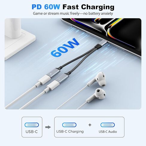 USB C Splitter 1 in 2 Out Dual USB C Headphone and Charger Adapter, Hi-Fi Sound Type C Audio Adapter with PD 60W Fast Charging Dongle for iPhone 17 Pro Max, iPad Pro, Samsung, Pixel in Saudi Arabia