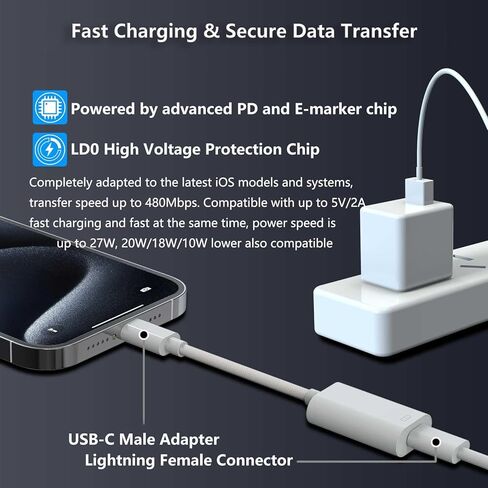 1 حزمة محول صوت USB-C إلى Lightning لسماعات الرأس iPhone Type C ذكر إلى أنثى Lightning مع شحن/نقل بيانات متوافق مع iPhone 16/15Plus/Pro Max، Pad Pro/Mini/Air 6/5/4 in Saudi Arabia
