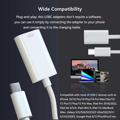 1 حزمة محول صوت USB-C إلى Lightning لسماعات الرأس iPhone Type C ذكر إلى أنثى Lightning مع شحن/نقل بيانات متوافق مع iPhone 16/15Plus/Pro Max، Pad Pro/Mini/Air 6/5/4 in Saudi Arabia