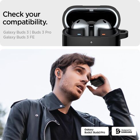 Spigen Rugged Armor Designed for Samsung Galaxy Buds3 FE (2025) / Buds3 Pro (2024) / Buds 3 Case (2024) Shockproof Drop-Protection Cover with Keychain - Matte Black in Saudi Arabia
