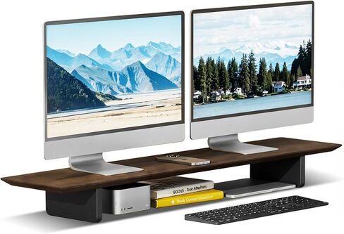 EXPERLAM Solid Wood Dual Monitor Stand Riser, 43 Inch Rubberwood Desk Shelf for Top of Desk, Wood Monitor Stand for Desk 2 Monitors up to 27", Desktop Organizer for Laptop, TV, Printer in Saudi Arabia