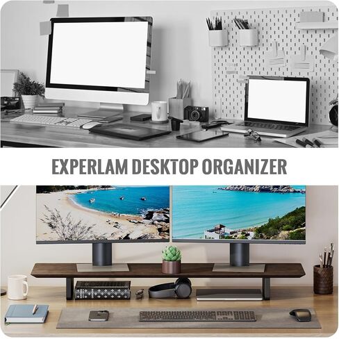 EXPERLAM Solid Wood Dual Monitor Stand Riser, 43 Inch Rubberwood Desk Shelf for Top of Desk, Wood Monitor Stand for Desk 2 Monitors up to 27", Desktop Organizer for Laptop, TV, Printer in Saudi Arabia