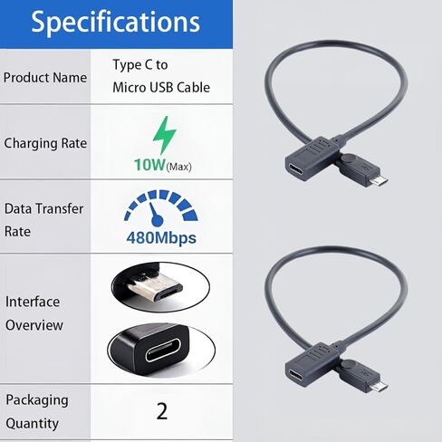 2PCS Type-C Female to Micro USB Male Adapter Cable,0.88ft USB C to Micro USB Data Sync & Charging Converter Cord for Mobile Phones, Tablets(27cm) in Saudi Arabia