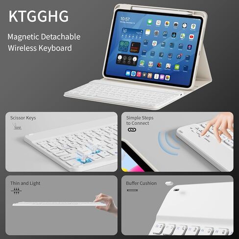 حافظة KenKe لجهاز iPad Air الجديد 11 بوصة M4/M3/M2 (2026/2025/2024)، لجهاز iPad Air 10.9 بوصة الجيل الخامس/الرابع (2022/2020)، غطاء لوحة مفاتيح بلوتوث لاسلكية قابلة للفصل مع حامل قلم رصاص، كريمي أبيض in Kuwait